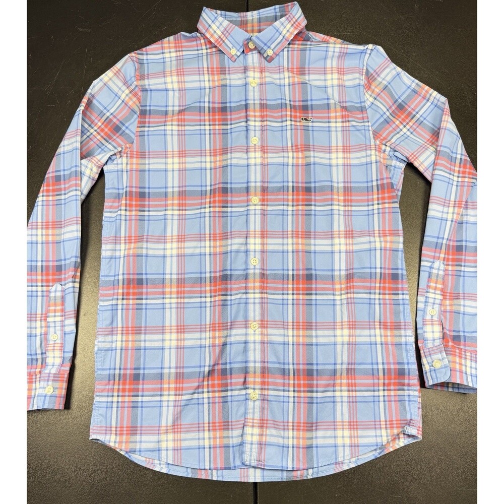 Vineyard Vines Performance Blue Red Plaid Whale Shirt Youth Size XL(18) White
